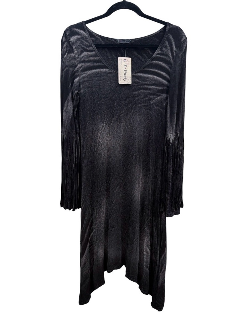 T Party Fashion Black Asymmetrical Crushed Velvet Dress with Fringe Sleeves